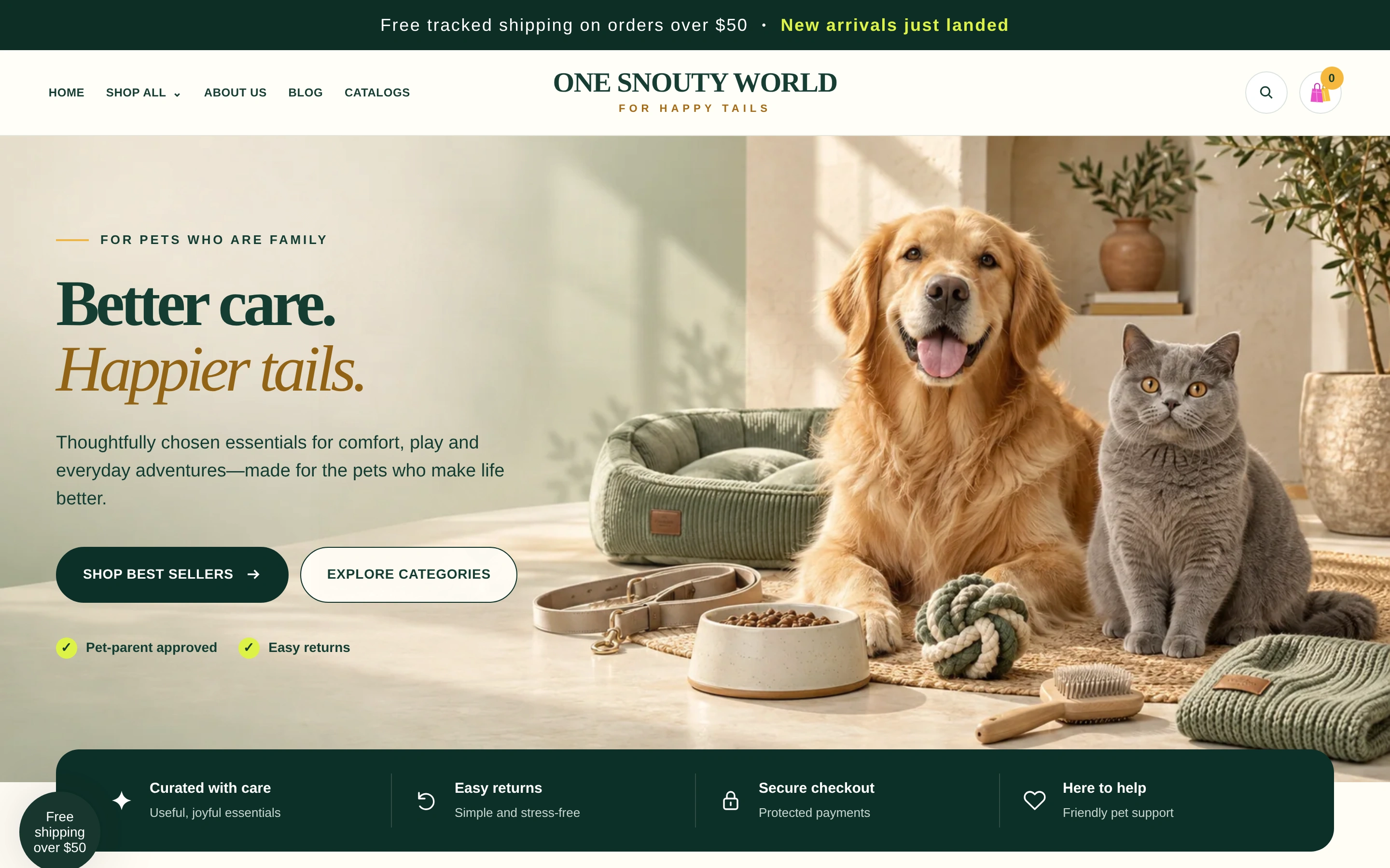One Snouty World storefront screenshot featuring dog and cat products