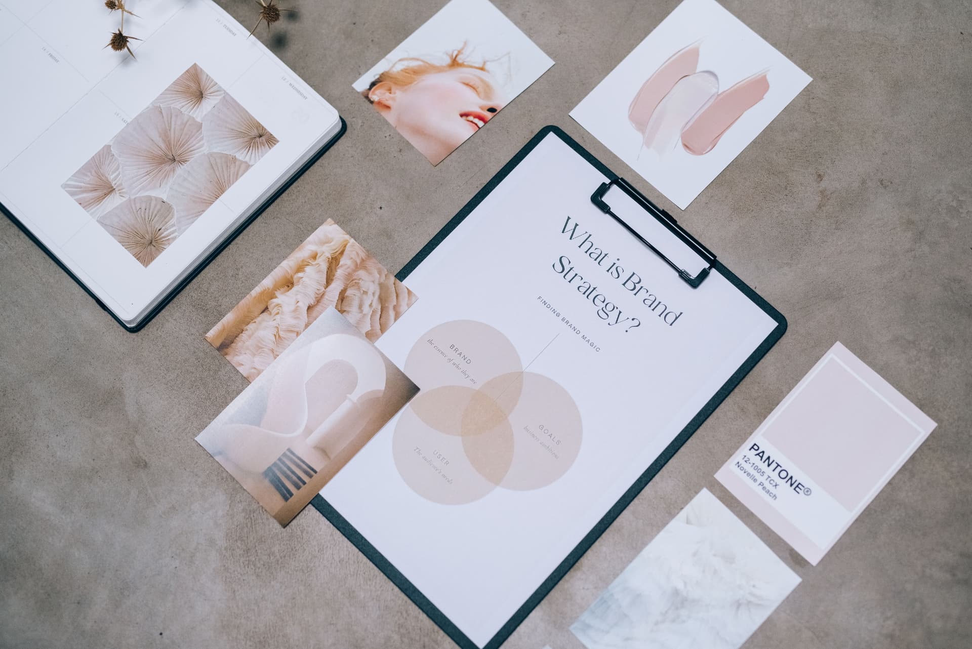 A brand strategy moodboard on a desk